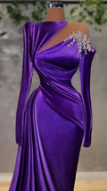 Elegant purple velvet evening gown with crystal shoulder detail on mannequin, ZAPDRESS