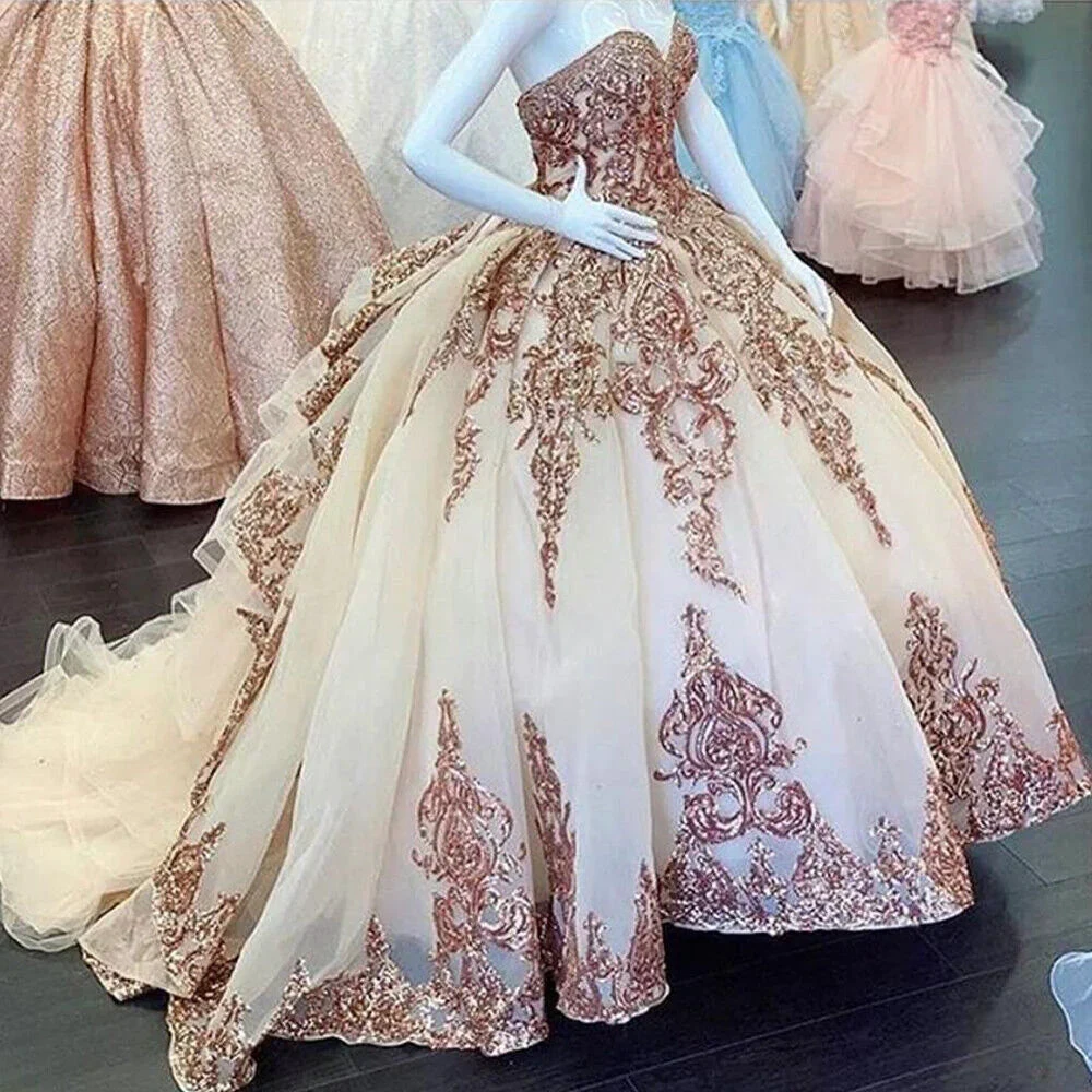 Rose Gold Sweet 16 Quinceanera Dresses Sequins Appliques Sweetheart Ball Gowns Y401 by simplepromdress