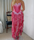 Vintage Hot Pink Lace Chiffon Ruffles Evening Dress Strapless Prom Dress Y8252 by simplepromdress