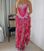 Vintage Hot Pink Lace Chiffon Ruffles Evening Dress Strapless Prom Dress Y8252 by simplepromdress