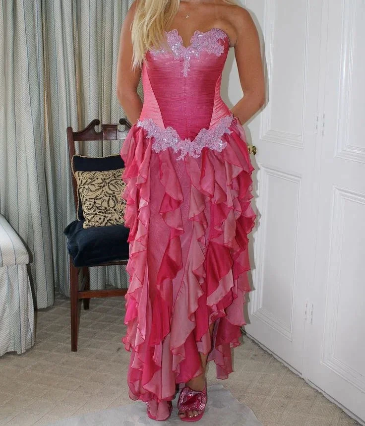 Vintage Hot Pink Lace Chiffon Ruffles Evening Dress Strapless Prom Dress Y8252 by simplepromdress