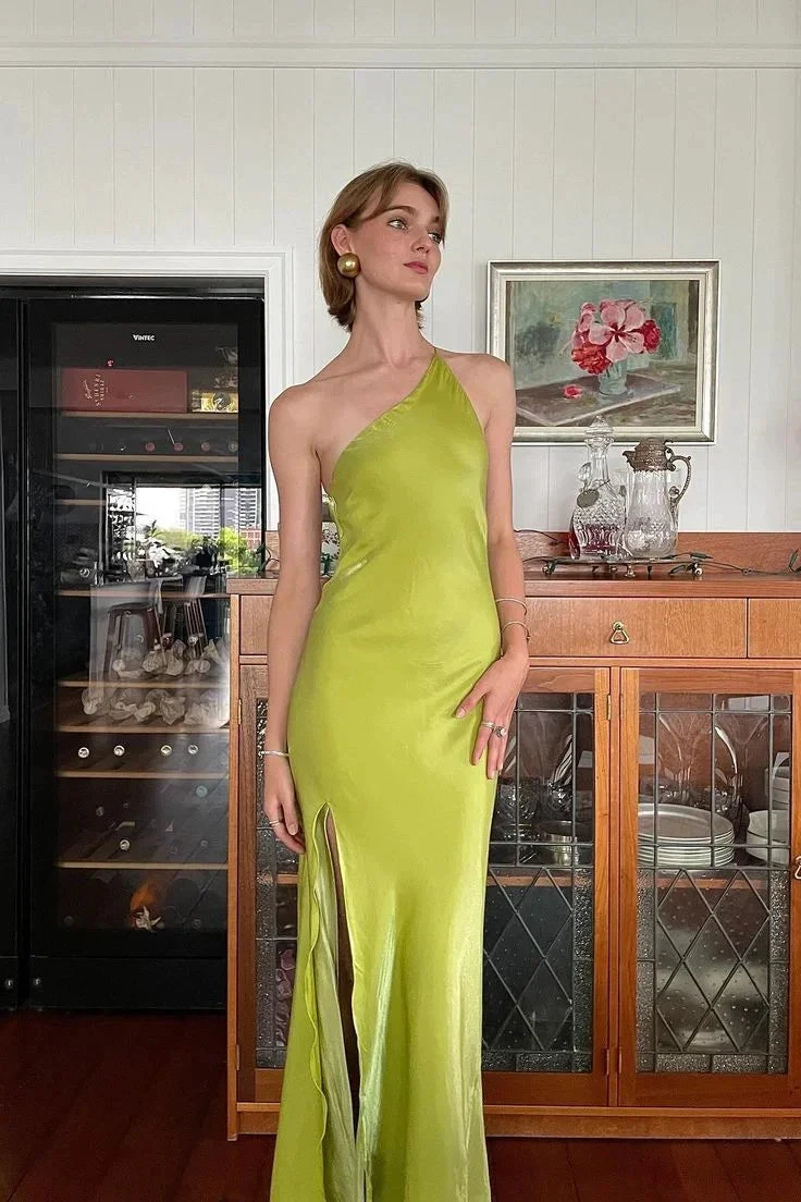 Elegant Green Sheath One Shoulder Long Party Prom Dress With Slit Backless Evening Dress Y8550 by simplepromdress
