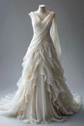 Classy Ivory Chiffon Ruffles Pleated Wedding Dress V Neck Layered Prom Dress Evening Dress Y8000
