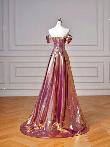 Classy Purple Satin Beaded Mermaid Prom Dress Off The Shoulder Long Evening Dress Y8605