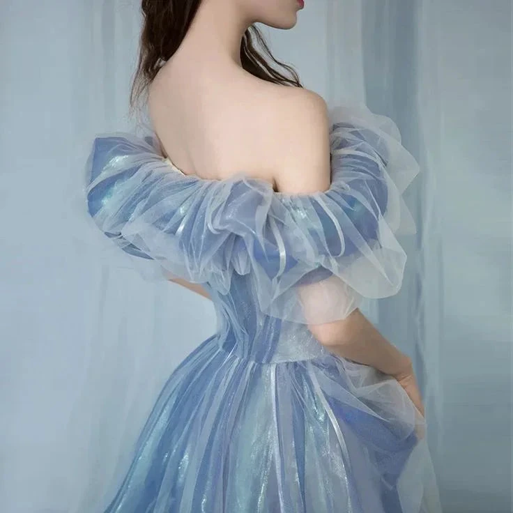 Romantic tulle long A line prom dress blue evening gown Y6572 by simplepromdress