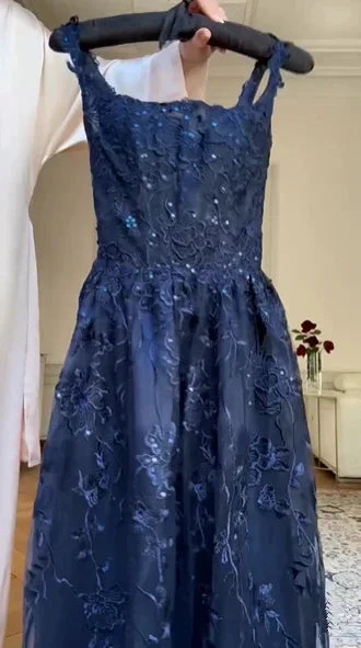 Navy Blue A Line Lace Appliques Prom Dress Elegant Evening Gown Y7830 by simplepromdress
