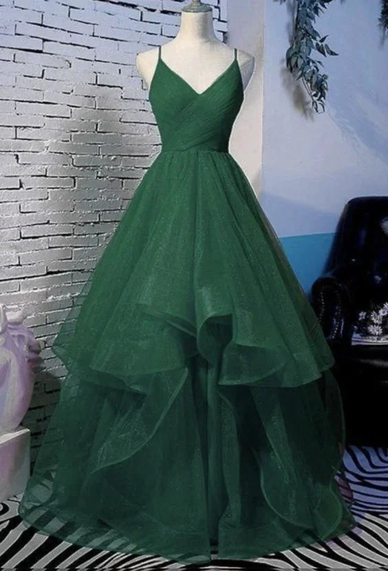 Green A-Line V-Neck Glitter Pleated Long Tulle Prom Dress/Evening Dress Y6440 by simplepromdress