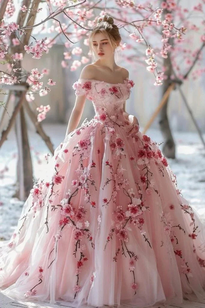 Classy Off The Shoulder Tulle 3D Flowers Ball Gown,Pink A Line Prom Dress Y8364