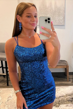 Royal Blue Sequin Bodycon Mini Homecoming Dress Y2825 by simplepromdress