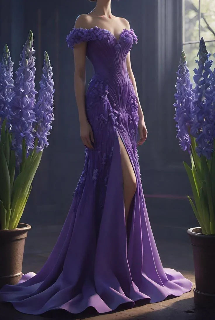 Classy Purple Chiffon Appliques Slit Mermaid Evening Dress Long Prom Dress Y8317 by simplepromdress