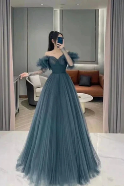 Blue tulle long prom dress A line evening dress Y190 by simplepromdress