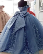 Big Bow Floral Flower Lace Applique Quinceanera Dresses Off Shoulder Sweet 16 Dress Ball Gown Y4263 by simplepromdress