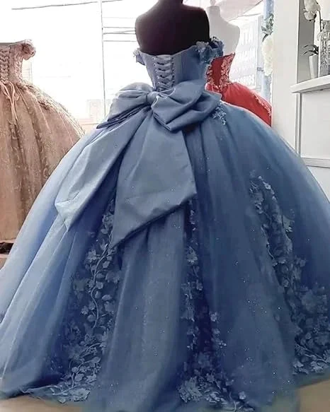 Big Bow Floral Flower Lace Applique Quinceanera Dresses Off Shoulder Sweet 16 Dress Ball Gown Y4263 by simplepromdress