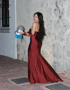 Elegant Burgundy Off The Slit Mermaid Evening Dress Formal Prom Dress Y8414 by simplepromdress
