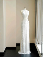 Classy White Sequins Pearls Chain Sheath Long Prom Dress Evening Dress Y8670 by simplepromdress