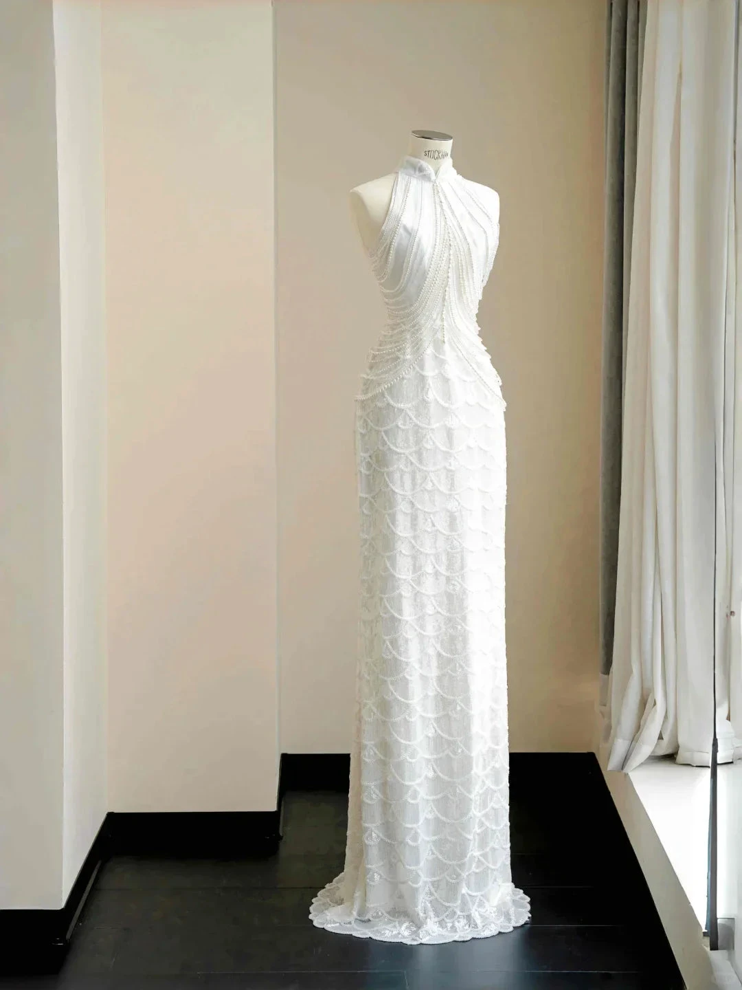 Classy White Sequins Pearls Chain Sheath Long Prom Dress Evening Dress Y8670 by simplepromdress