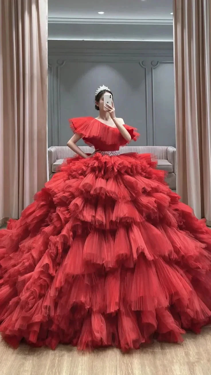Stunning Red Multi-layered Tulle Ball Gown Sweet 16 Dress Y5361 by simplepromdress