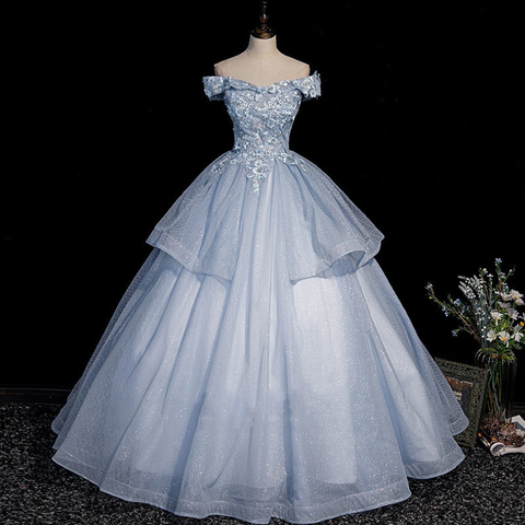 Vestido largo de fiesta con encaje de tul azul Y4208