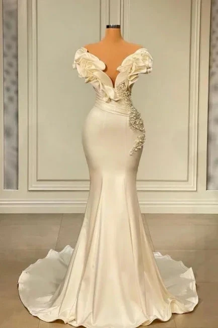 Generous White Long Pearl Ruffle Wedding Dresses Y1747 by simplepromdress