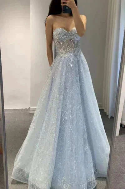 Glitter Blue Sweetheart Tulle Sequins Long Prom Dress,Sexy A-line Evening Dress Y1391 by simplepromdress