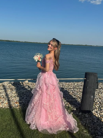 Pink Off Shoulder Fluffy Lace Appliques Floral Long Prom Dress Evening Dress Y7846