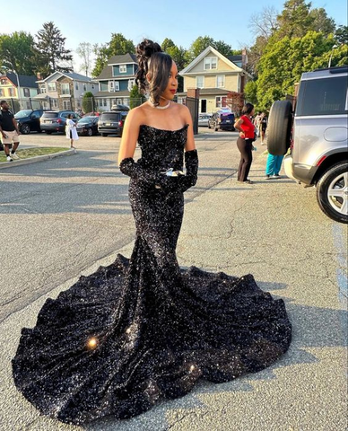 Elegant Black Sequins Mermaid Prom Dress Black Evening Dress Y6133