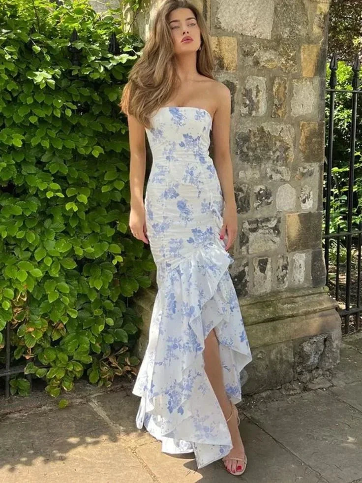 Chic Strapless Print Floral Ruffles Mermaid Evening Dress Prom Dress Y7840 by simplepromdress