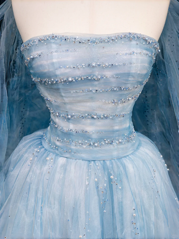 Dream Blue Tulle Beaded A Line Prom Dress Long Evening Dress Y8691