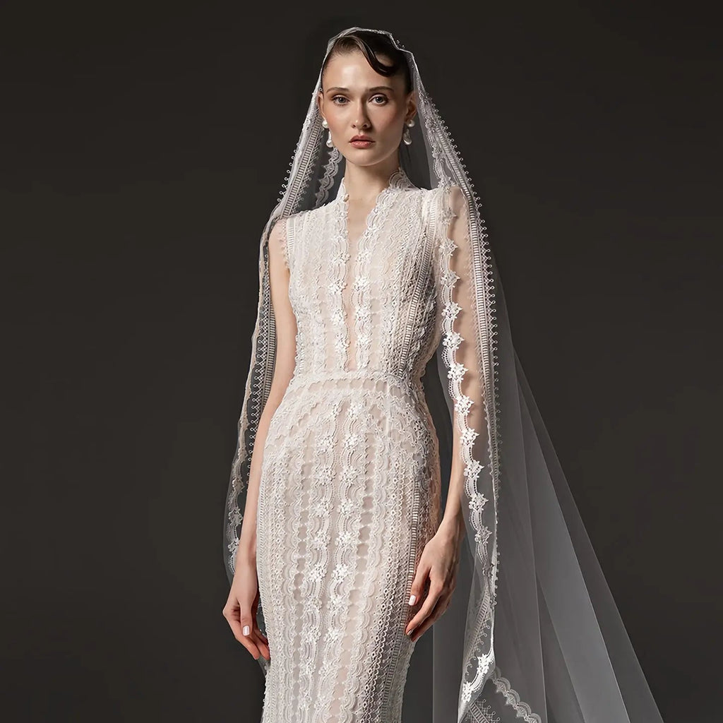 Elegant Ivory High Neck Sheer Lace Long Sleeves Mermaid Wedding Dress with Veil SW662