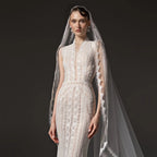 Elegant Ivory High Neck Sheer Lace Long Sleeves Mermaid Wedding Dress with Veil SW662