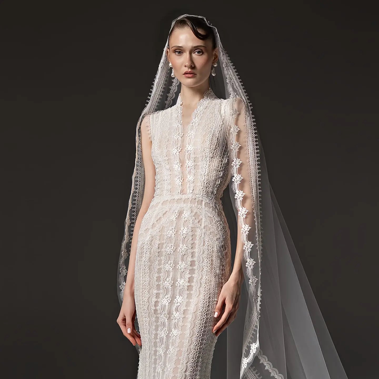 Elegant Ivory High Neck Sheer Lace Long Sleeves Mermaid Wedding Dress with Veil SW662