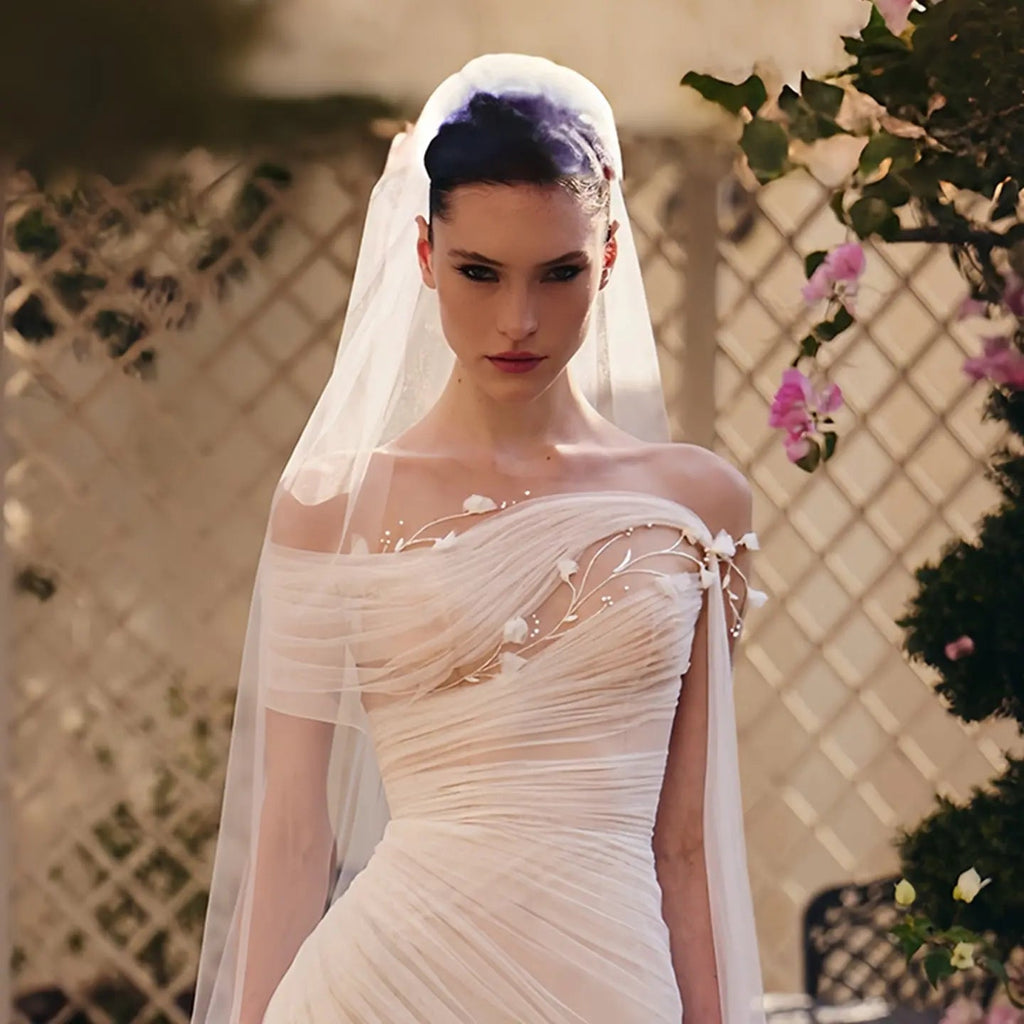 Elegant Off-the-Shoulder Ruched 3D Floral Wedding Dress with Veil SW233
