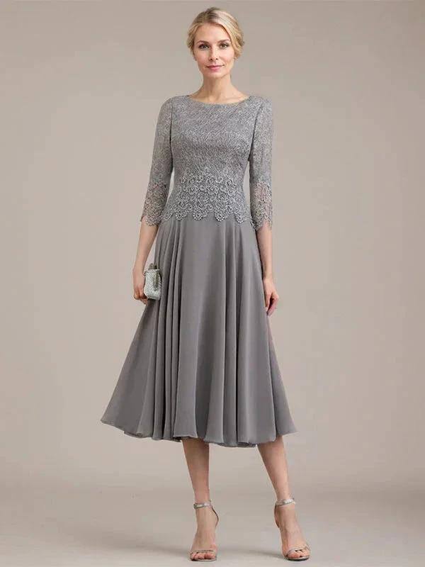 A-line Scoop Tea-Length Lace Chiffon Mother of the Bride Dress by Dreamylily
