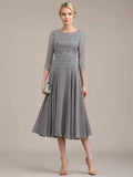 A-line Scoop Tea-Length Lace Chiffon Mother of the Bride Dress by Dreamylily
