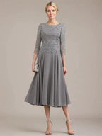 A-line Scoop Tea-Length Lace Chiffon Mother of the Bride Dress by Dreamylily