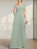 A-line V-Neck Floor-Length Chiffon Mother of the Bride Dress With Pleated by Dreamylily