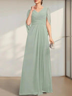 A-line V-Neck Floor-Length Chiffon Mother of the Bride Dress With Pleated by Dreamylily