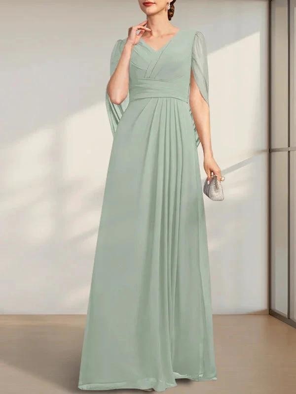 A-line V-Neck Floor-Length Chiffon Mother of the Bride Dress With Pleated by Dreamylily