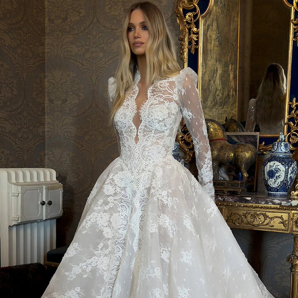 Luxury White High Neck Sequin Long Sleeve Lace A-Line Wedding Dress SW211