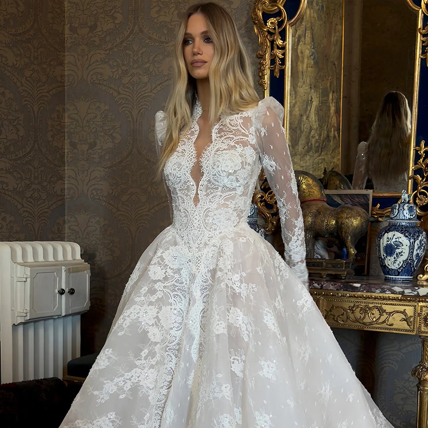 Luxury White High Neck Sequin Long Sleeve Lace A-Line Wedding Dress SW211
