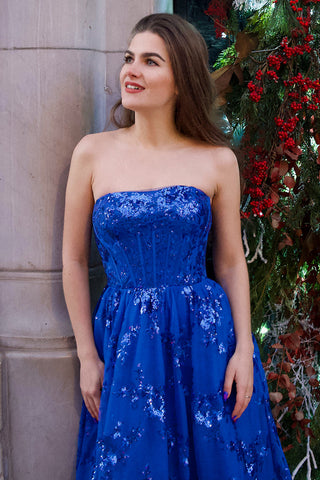 A Line Strapless Pleating Long Prom Dress With Applique