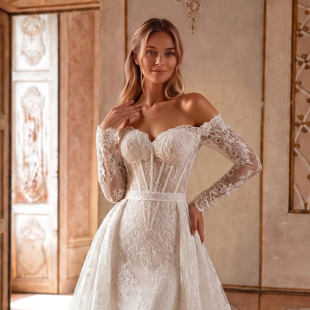 White Lace Mermaid Wedding Dress Off the Shoulder with Detachable Train and Long Sleeves SW678
