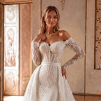 White Lace Mermaid Wedding Dress Off the Shoulder with Detachable Train and Long Sleeves SW678