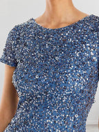 Dusty Blue Sequins Sheath Scoop Long Mother of the Bride Dress by Dreamylily