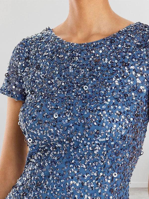 Dusty Blue Sequins Sheath Scoop Long Mother of the Bride Dress by Dreamylily