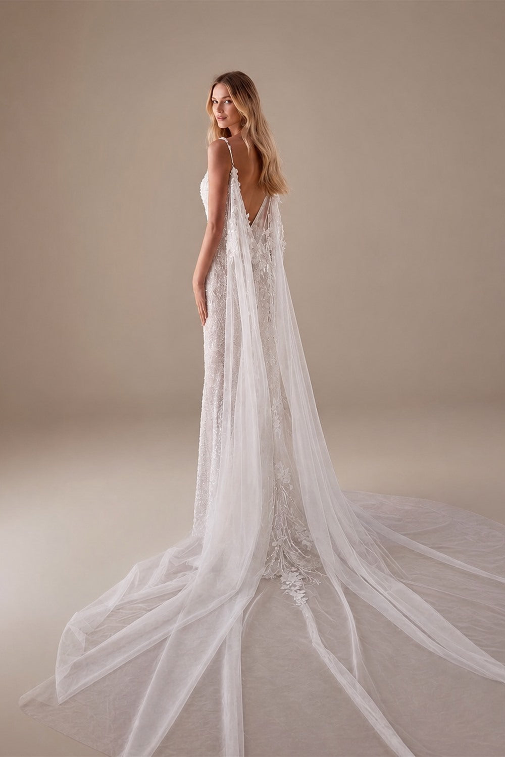 Shiny Mermaid Sexy Backless Wedding Dress Customized Modern Deep V Neck Bridal Gown With Cape Fantasy Sequined Classy Bride Wear - studio product image 2
