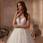 Dreamy White Glitter Tulle Wedding Dress with Lace Bodice and Corset Back SW710