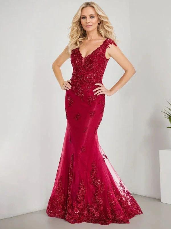 A-line V-Neck Floor-Length Lace Chiffon Mother of the Bride Dress With Applique Sequins Mermaid Dresses by Dreamylily
