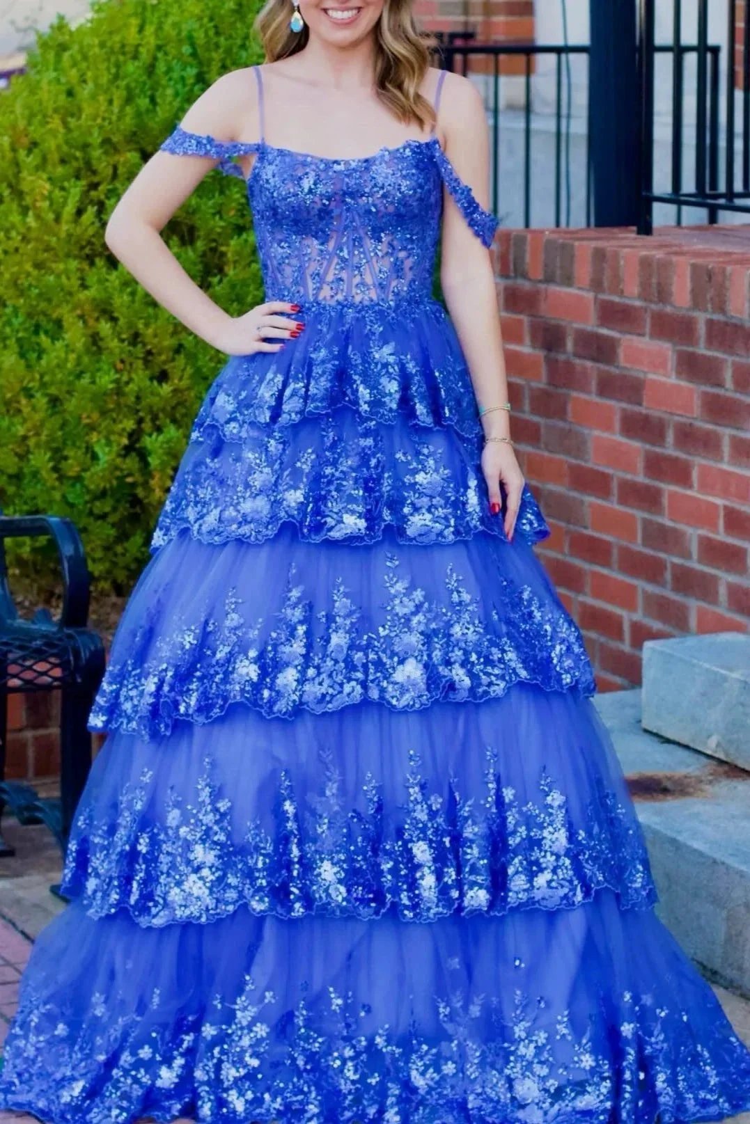 Maureen | Tulle Sequin Cold-Shoulder Ruffle Tiered Long Prom Dress by KissProm