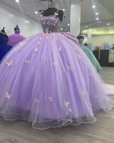 Vestido de fiesta de tul morado con mariposas, vestido de quinceañera, vestido de princesa morado Y2270